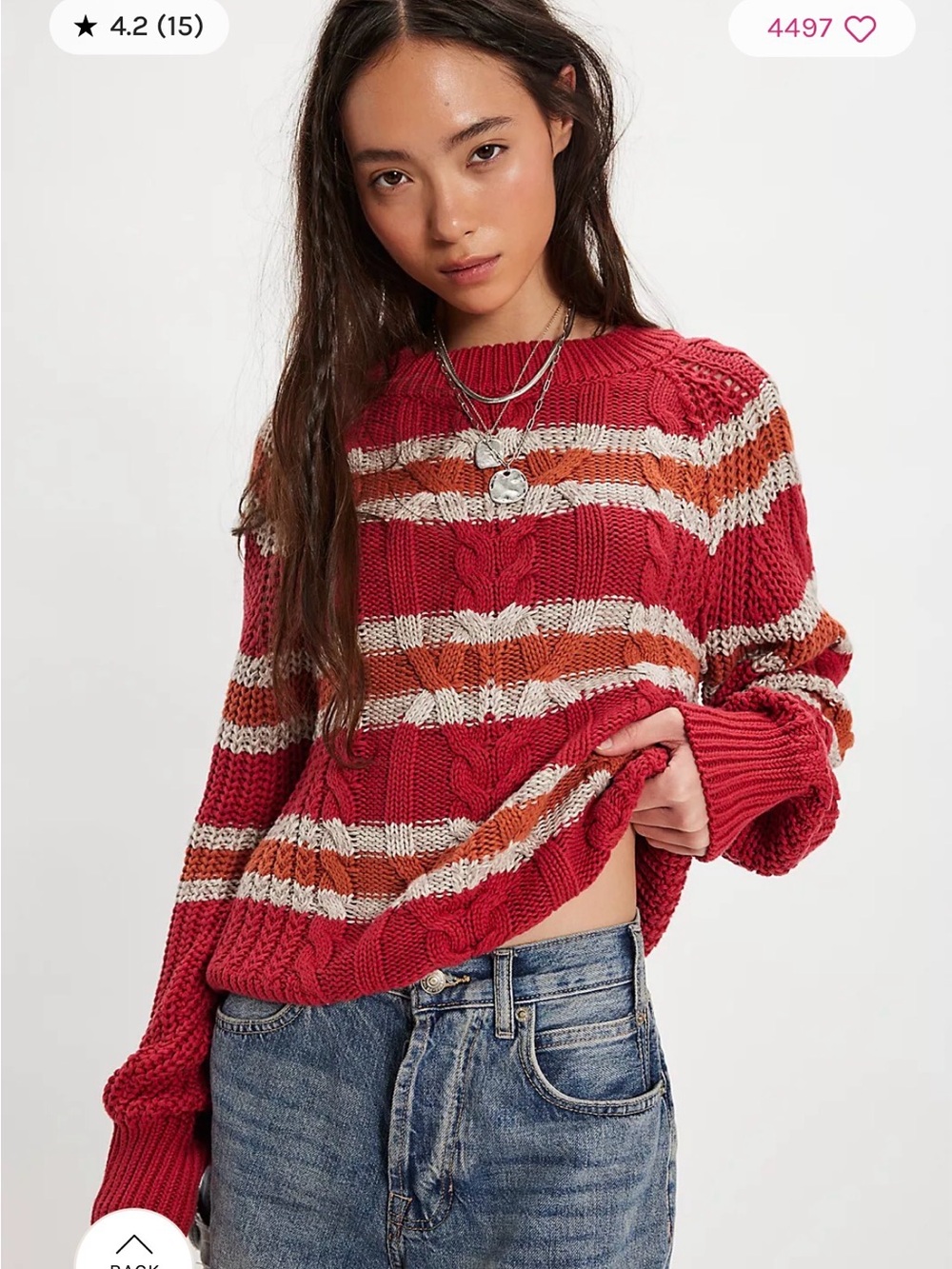Free People Frankie Striped Cable Knit Cotton Sweater. NWOT. Red